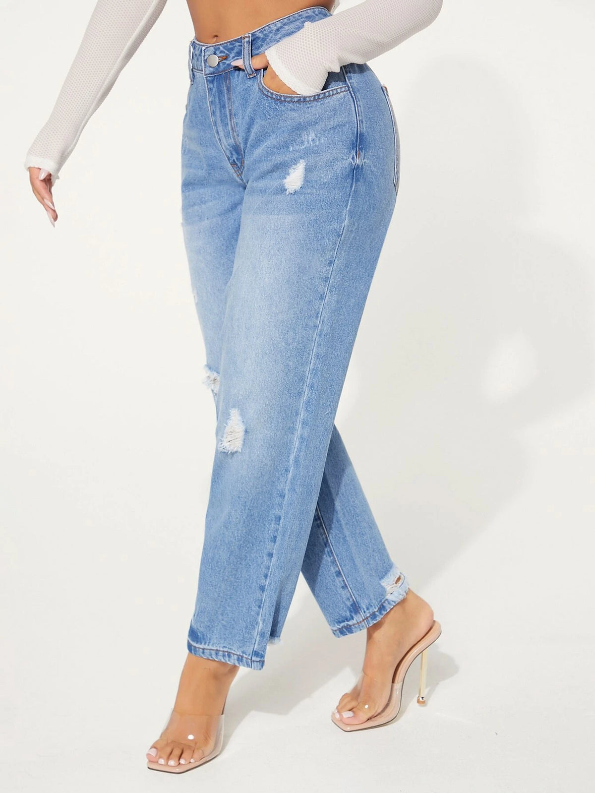 SXY Ripped Frayed Bleach Wash Tapered Jeans