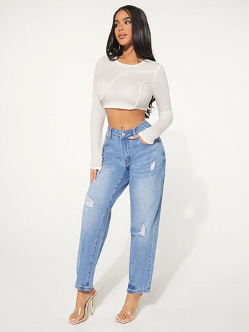 SXY Ripped Frayed Bleach Wash Tapered Jeans