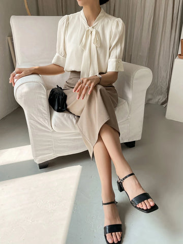 DAZY Tie Neck Puff Sleeve Blouse