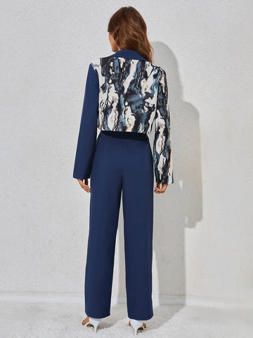 Marble Print Double Button Crop Blazer & Pants
