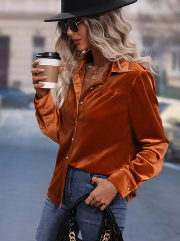 Solid Button Front Velvet Shirt