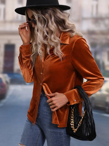 Solid Button Front Velvet Shirt
