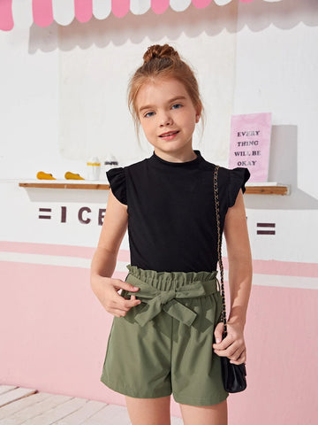 Girls Ruffle Trim Top & Paperbag Waist Belted Shorts