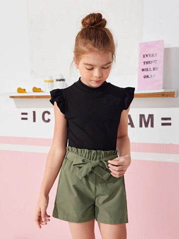 Girls Ruffle Trim Top & Paperbag Waist Belted Shorts
