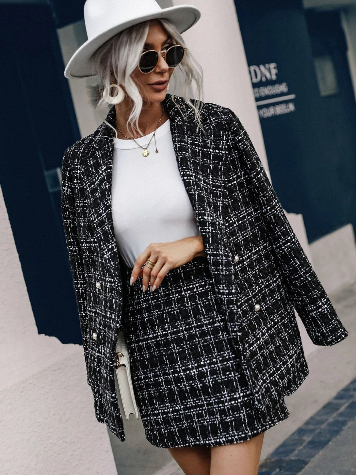 Plaid Print Double Breasted Blazer & Skirt