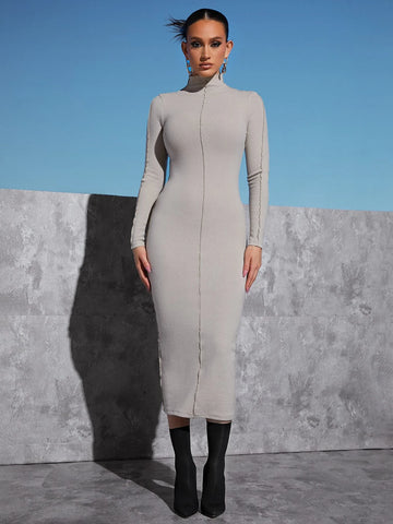 Mock Neck Lettuce Trim Bodycon Dress