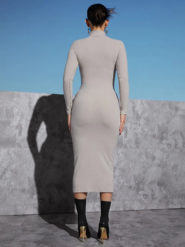 Mock Neck Lettuce Trim Bodycon Dress