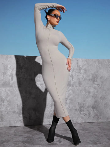 Mock Neck Lettuce Trim Bodycon Dress