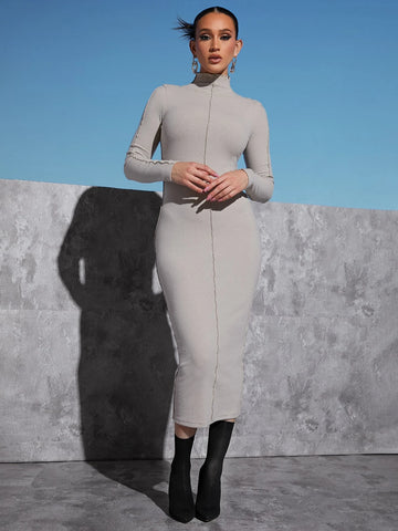 Mock Neck Lettuce Trim Bodycon Dress