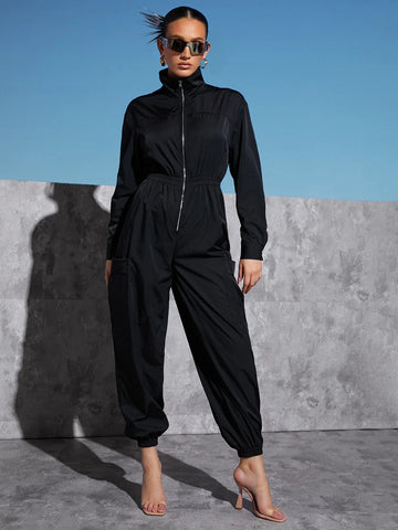 Pocket Side Zip Half Placket Drop Shoulder Jumpsuit