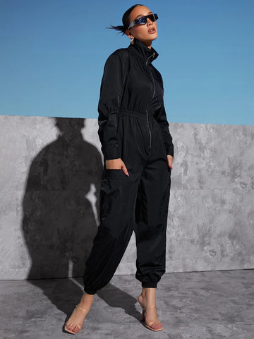 Pocket Side Zip Half Placket Drop Shoulder Jumpsuit