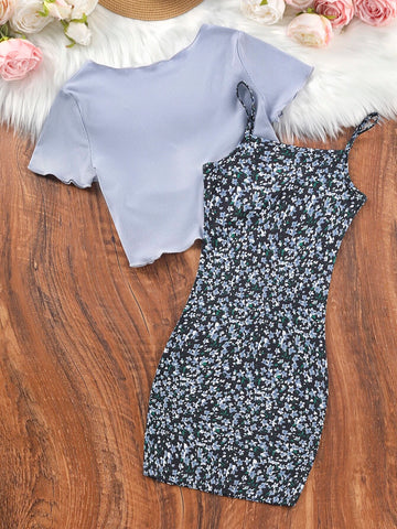Girls Lettuce Trim Tie Front Top & Ditsy Floral Print Cami Dress