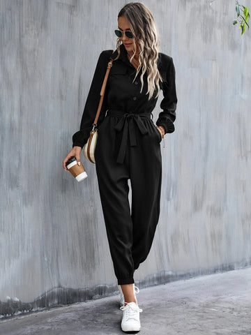 Button Front Belt Jumpsuit