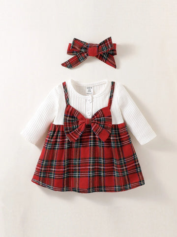 Newborn Baby Plaid Bow Front 2 In 1 Dress With Headband
