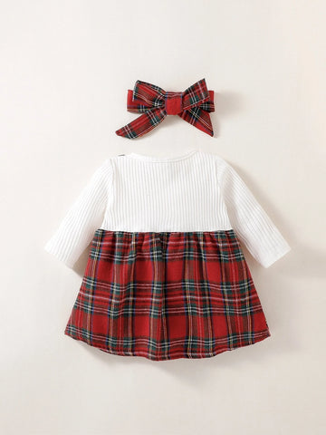 Newborn Baby Plaid Bow Front 2 In 1 Dress With Headband