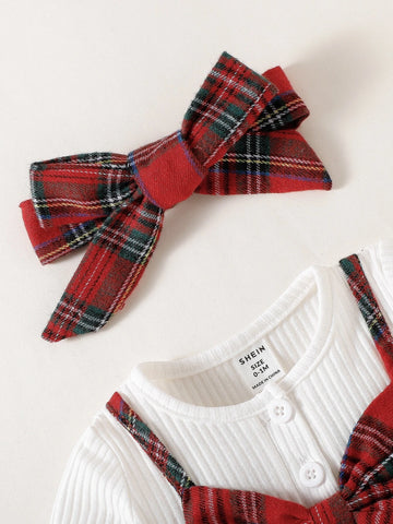 Newborn Baby Plaid Bow Front 2 In 1 Dress With Headband