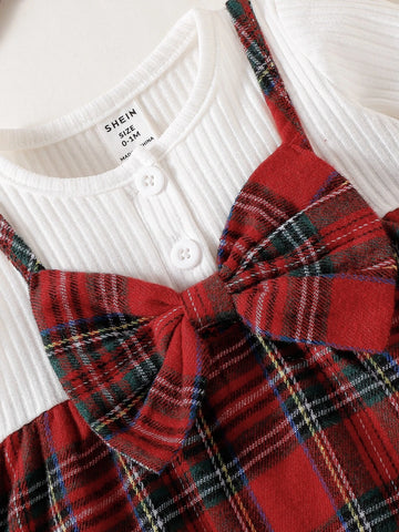 Newborn Baby Plaid Bow Front 2 In 1 Dress With Headband