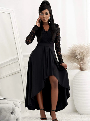 Contrast Lace High Low Hem Dress
