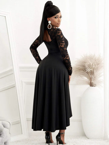 Contrast Lace High Low Hem Dress