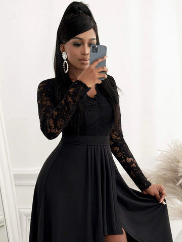 Contrast Lace High Low Hem Dress