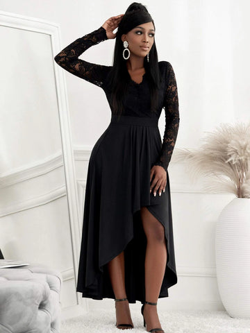 Contrast Lace High Low Hem Dress