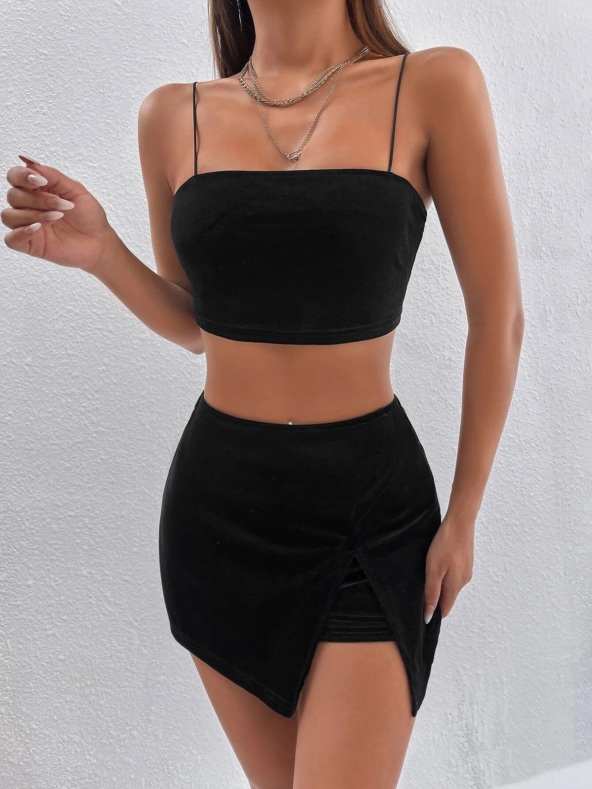 PETITE Solid Crop Cami Top & Velvet Skort