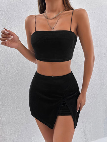 PETITE Solid Crop Cami Top & Velvet Skort