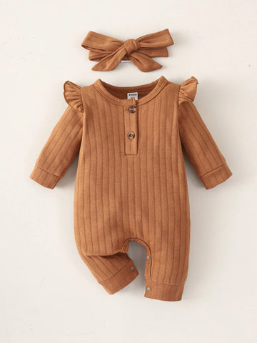 Newborn Baby Ruffle Trim Jumpsuit & Headband