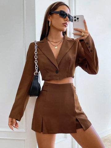 EZwear Single Button Crop Blazer & Split Hem Skort