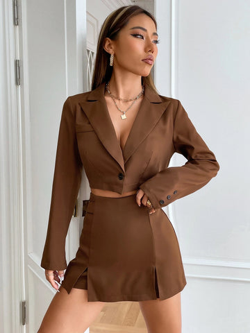 EZwear Single Button Crop Blazer & Split Hem Skort