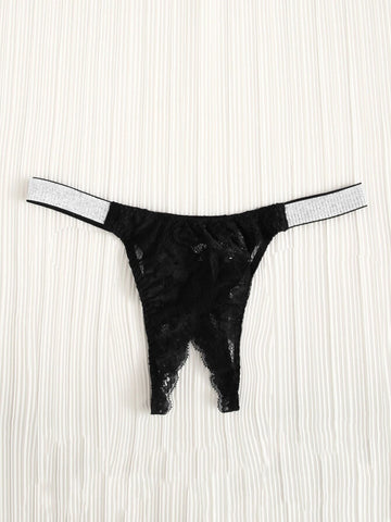 Lace Insert Contrast Tape Crotchless Thong