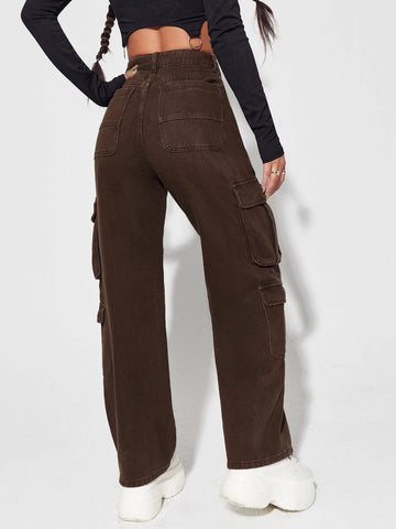 High Waisted Flap Pocket Cargo Jeans