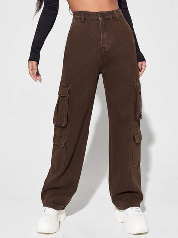 High Waisted Flap Pocket Cargo Jeans