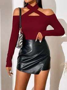 Solid Criss Cross Halter Neck Tee