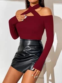 Solid Criss Cross Halter Neck Tee