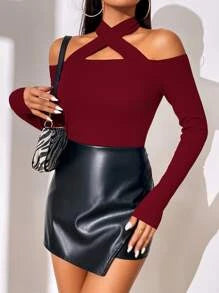 Solid Criss Cross Halter Neck Tee