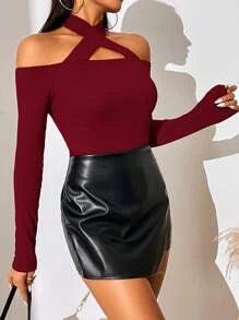 Solid Criss Cross Halter Neck Tee