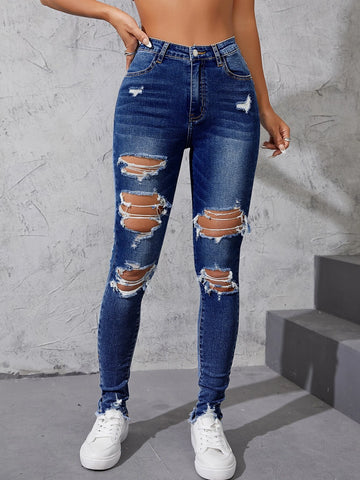 High Waist Ripped Moustache Effect Skinny Jeans