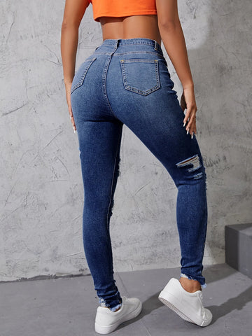 High Waist Ripped Moustache Effect Skinny Jeans