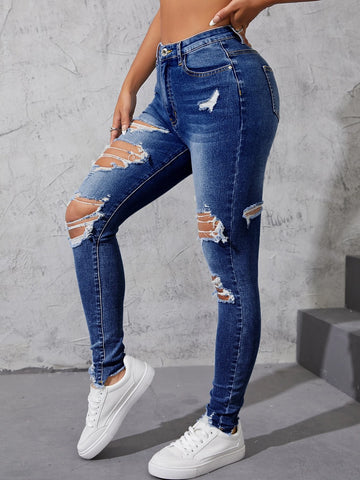 High Waist Ripped Moustache Effect Skinny Jeans