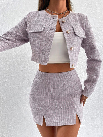 PETITE Flap Detail Crop Overcoat & Split Hem Bodycon Skirt