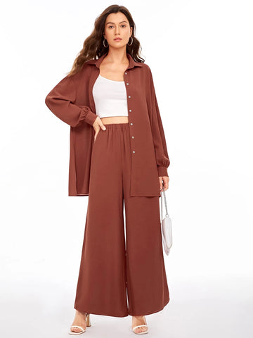 evolu Drop Shoulder Solid Shirt & Wide Leg Pants