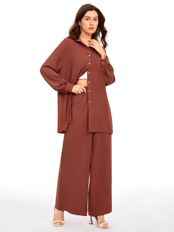 evolu Drop Shoulder Solid Shirt & Wide Leg Pants