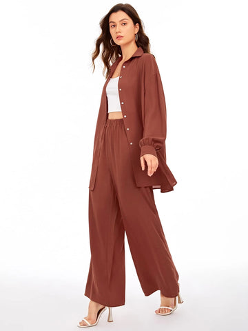 evolu Drop Shoulder Solid Shirt & Wide Leg Pants