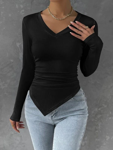 Solid Ruched Asymmetrical Hem Tee