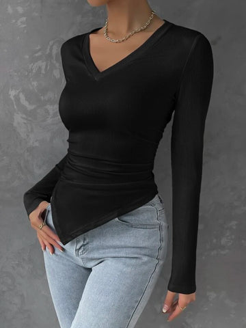 Solid Ruched Asymmetrical Hem Tee