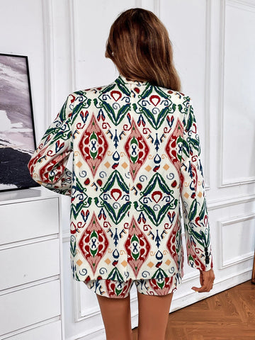 Allover Print Lapel Collar Blazer & Shorts Without Belt