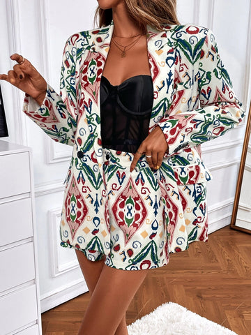 Allover Print Lapel Collar Blazer & Shorts Without Belt