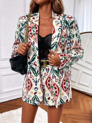 Allover Print Lapel Collar Blazer & Shorts Without Belt