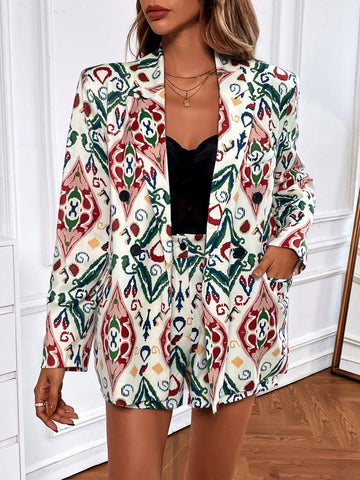 Allover Print Lapel Collar Blazer & Shorts Without Belt